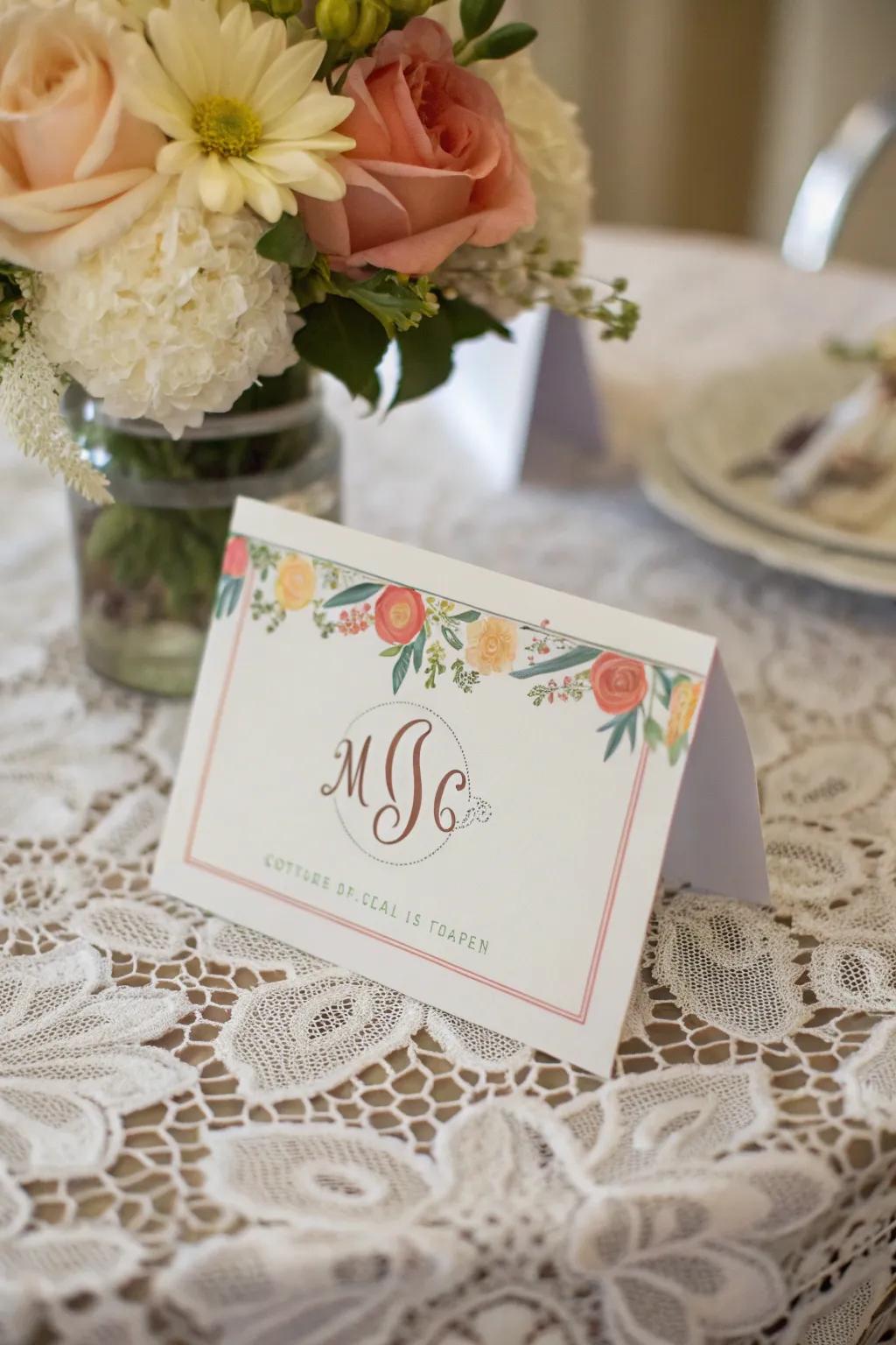 Customized registry card with monogram and themed colors.