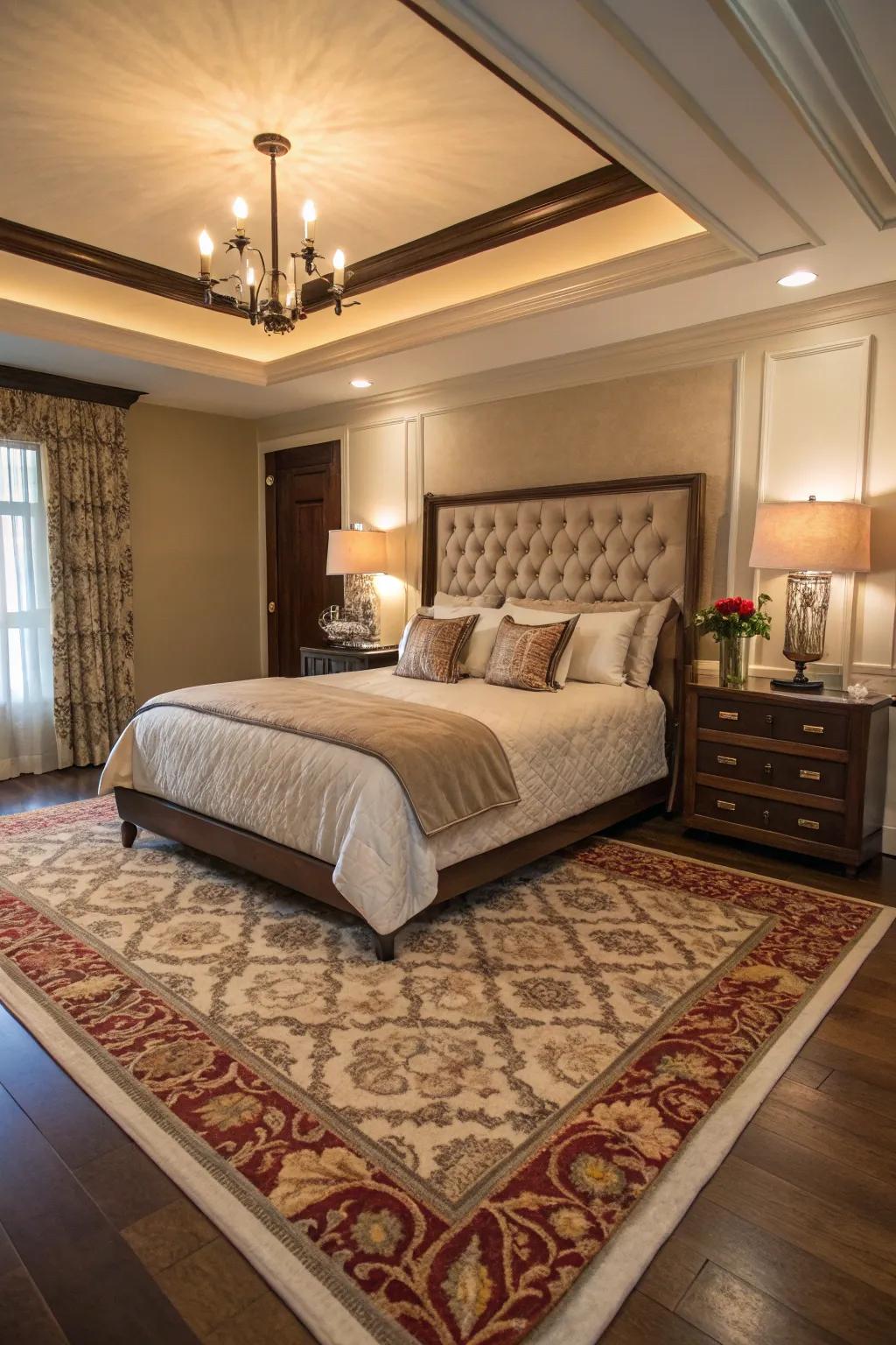 A 7x10 rug adds depth and a touch of luxury to a spacious bedroom setting.