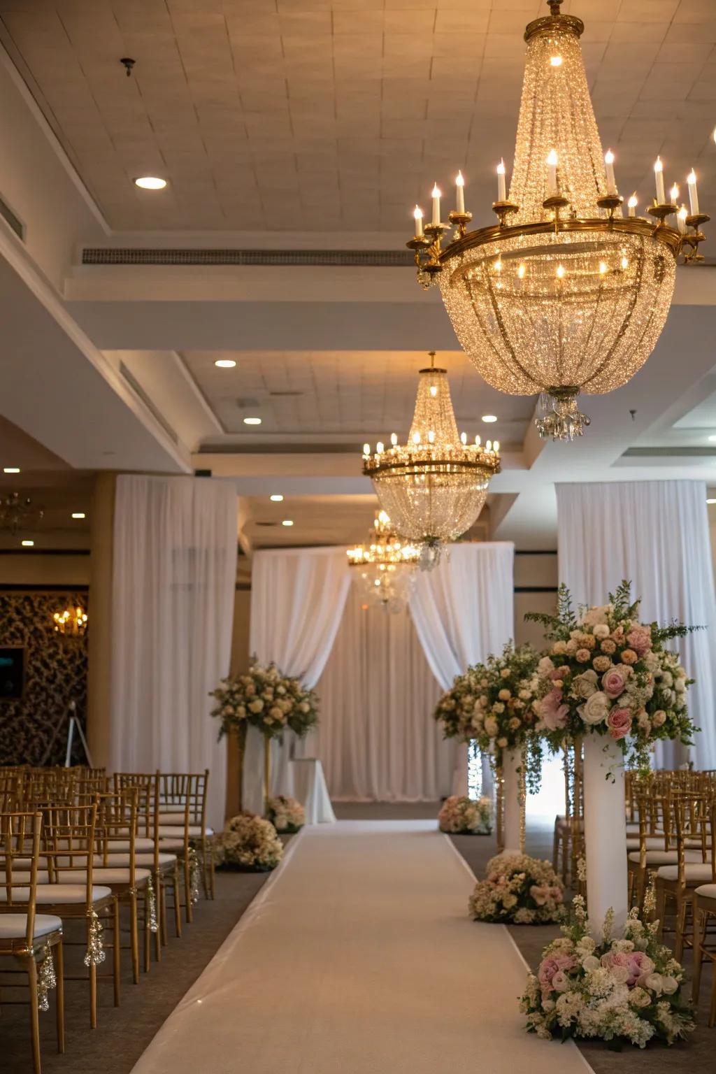 Majestic lighting with gold-finished chandeliers.