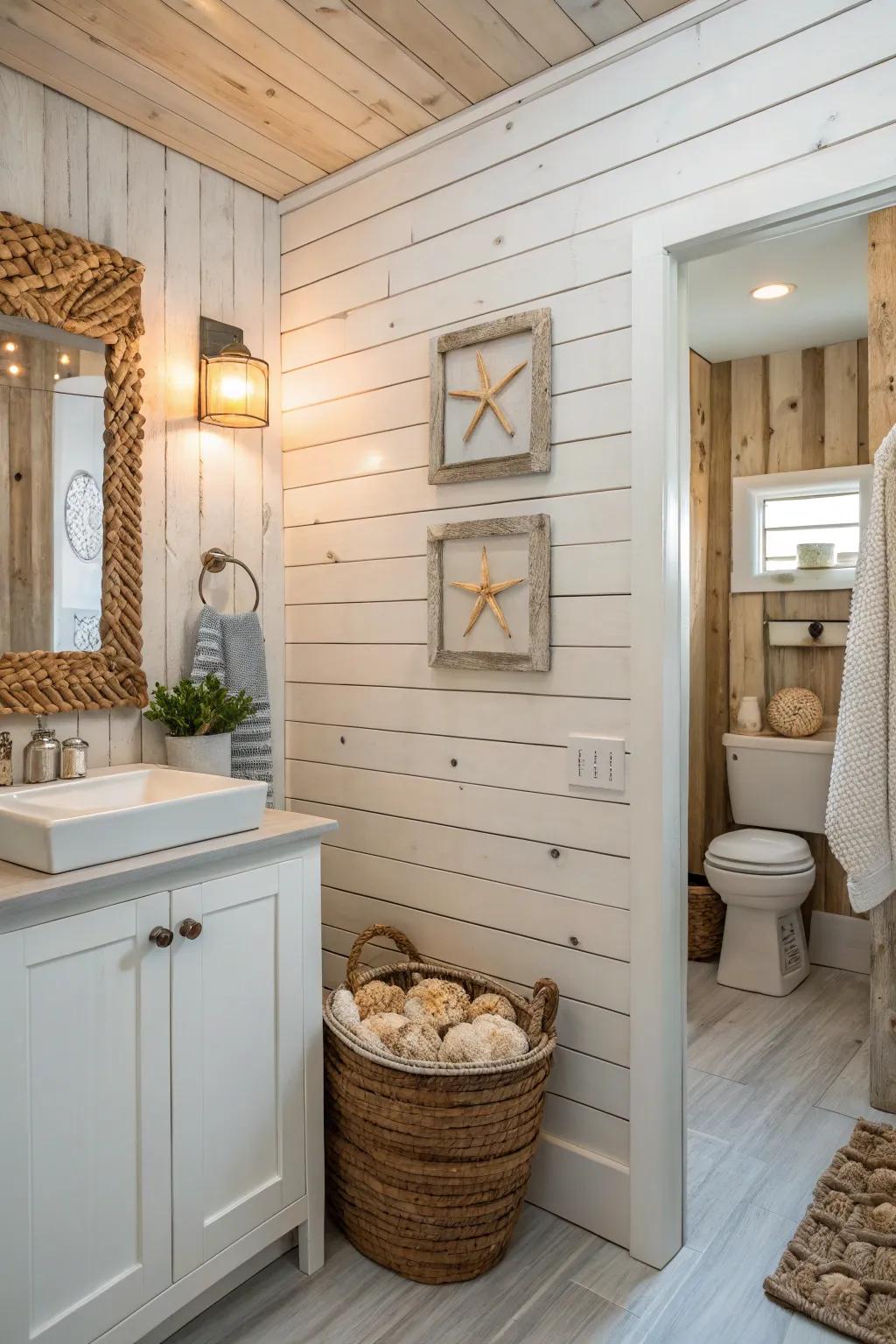 Textured shiplap walls add depth to a coastal bathroom.