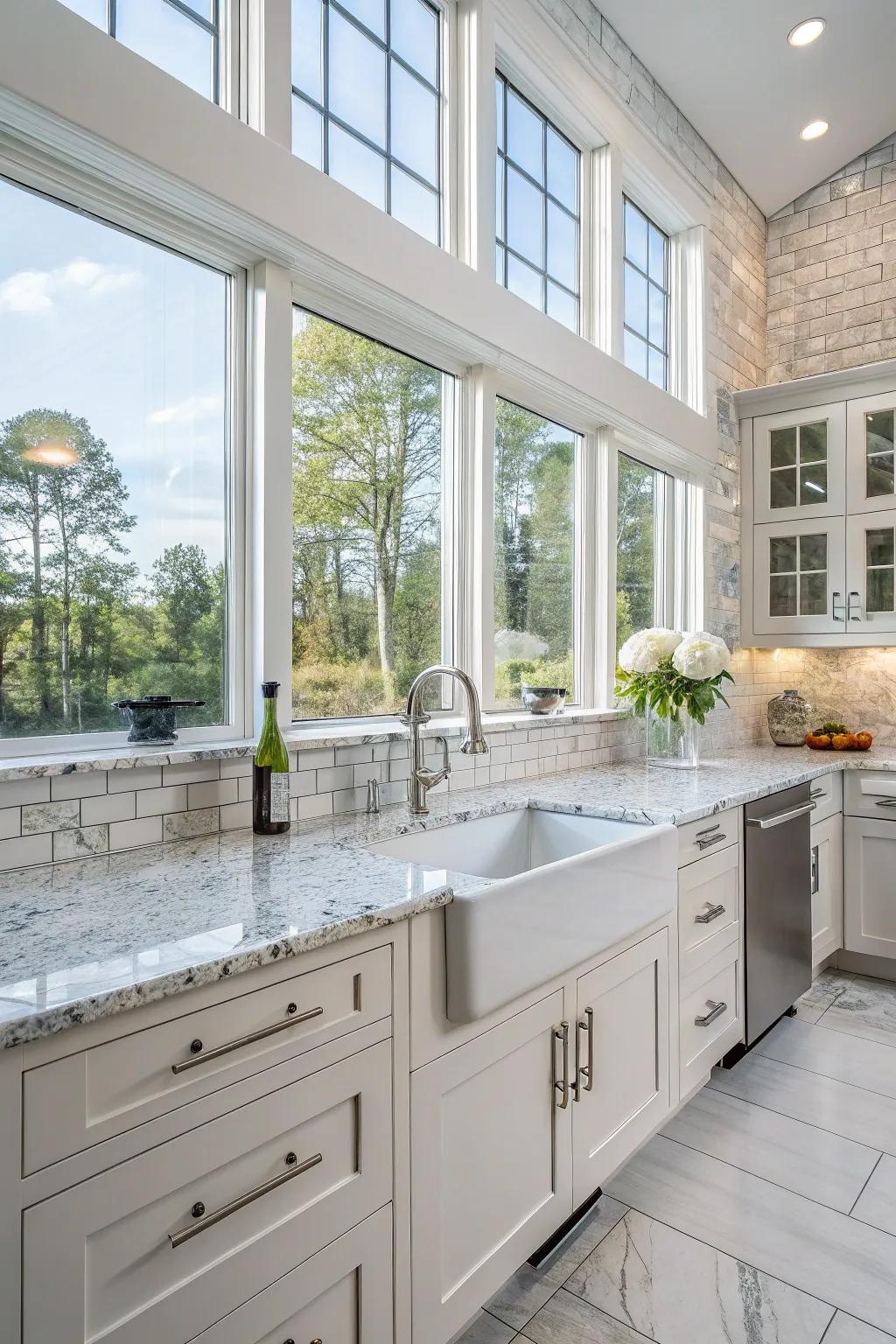 Glass tiles offer a modern twist to the traditional granite backsplash.