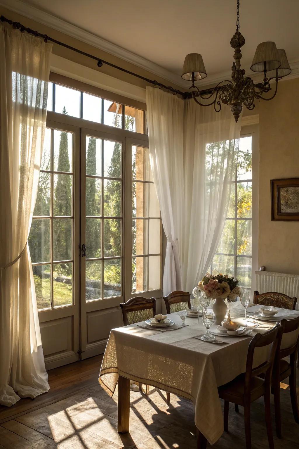 Sheer curtains provide privacy while allowing soft light to fill the room.