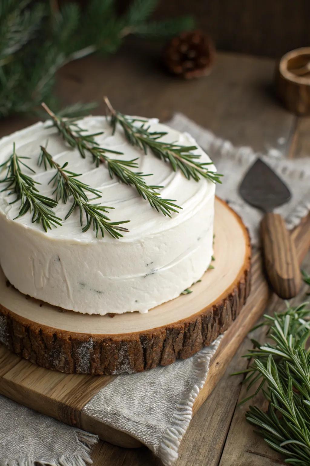 Frosted pine trees made from rosemary sprigs, adorning a winter cake.