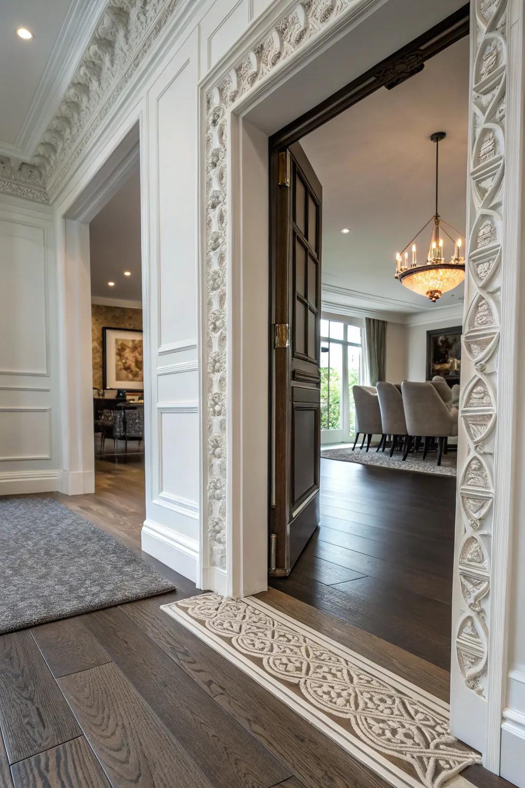 Decorative thresholds create a stylish bridge between different flooring types.