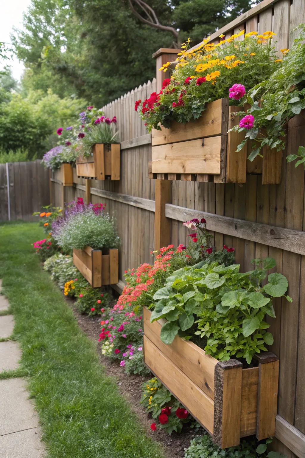 Add life to your fences with wooden planters.