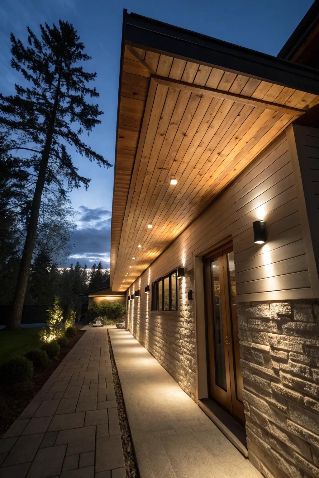 Integrated lighting in wood soffits creates a magical nighttime look.