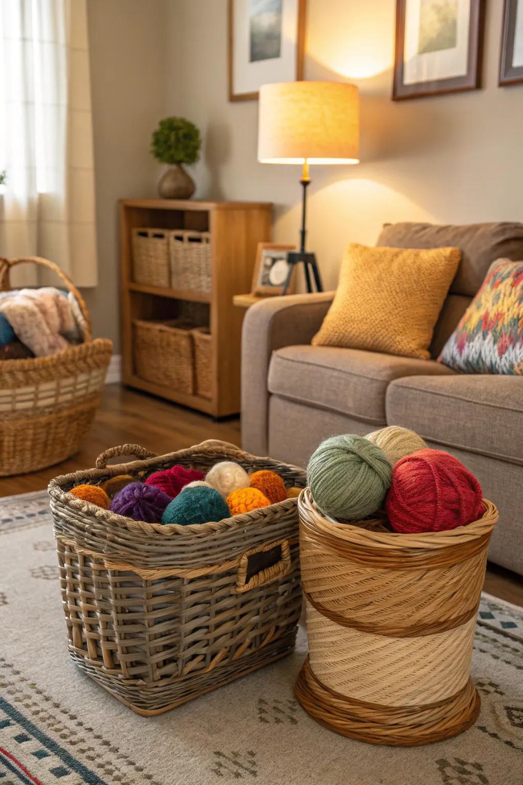 Wicker baskets offer a rustic and tidy yarn storage solution.