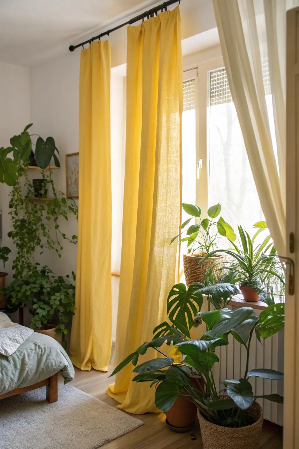 Green plants complement yellow curtains, creating a lively and natural bedroom atmosphere.