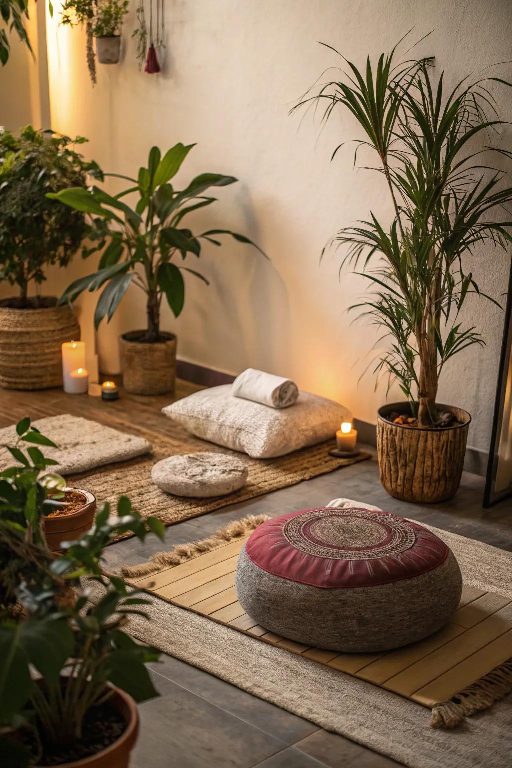 A cozy meditation nook with cushions and greenery.