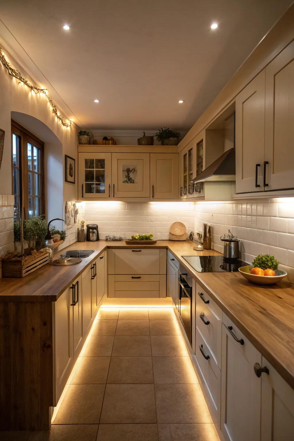 Under-cabinet lighting enhances function and mood.