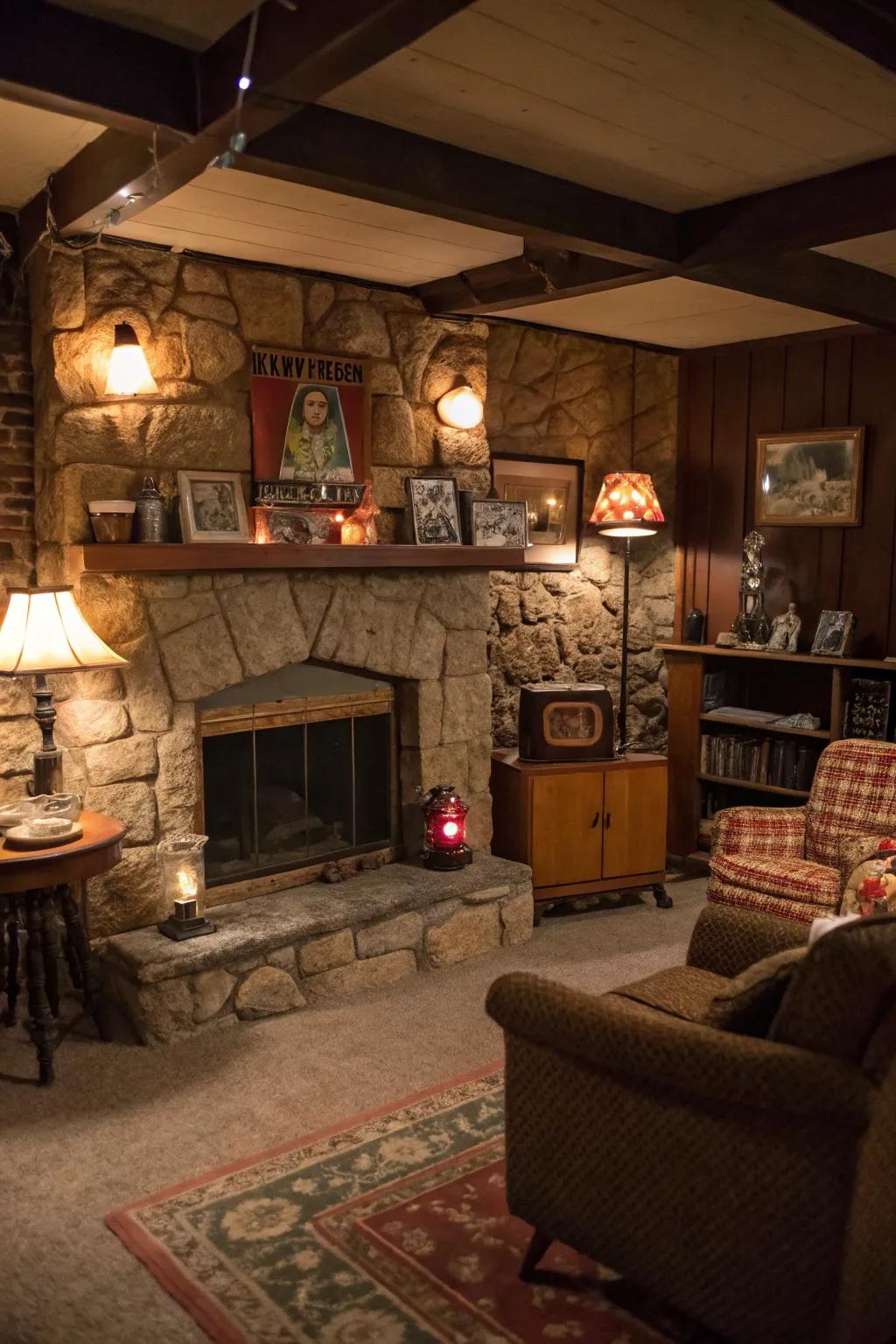 Stone accents contribute to the rustic 70s appeal.