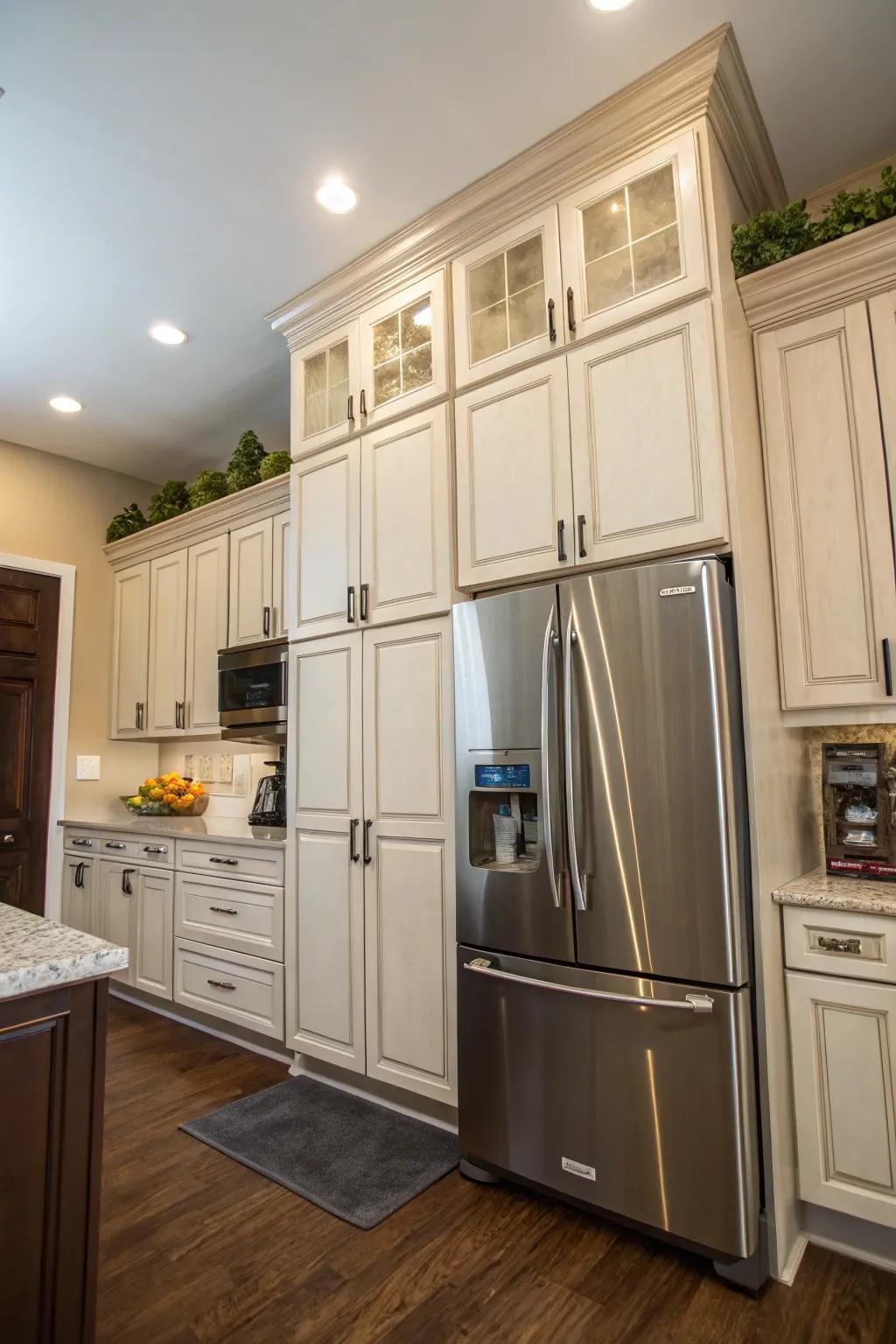 Varying cabinet heights add texture and depth to kitchen design.