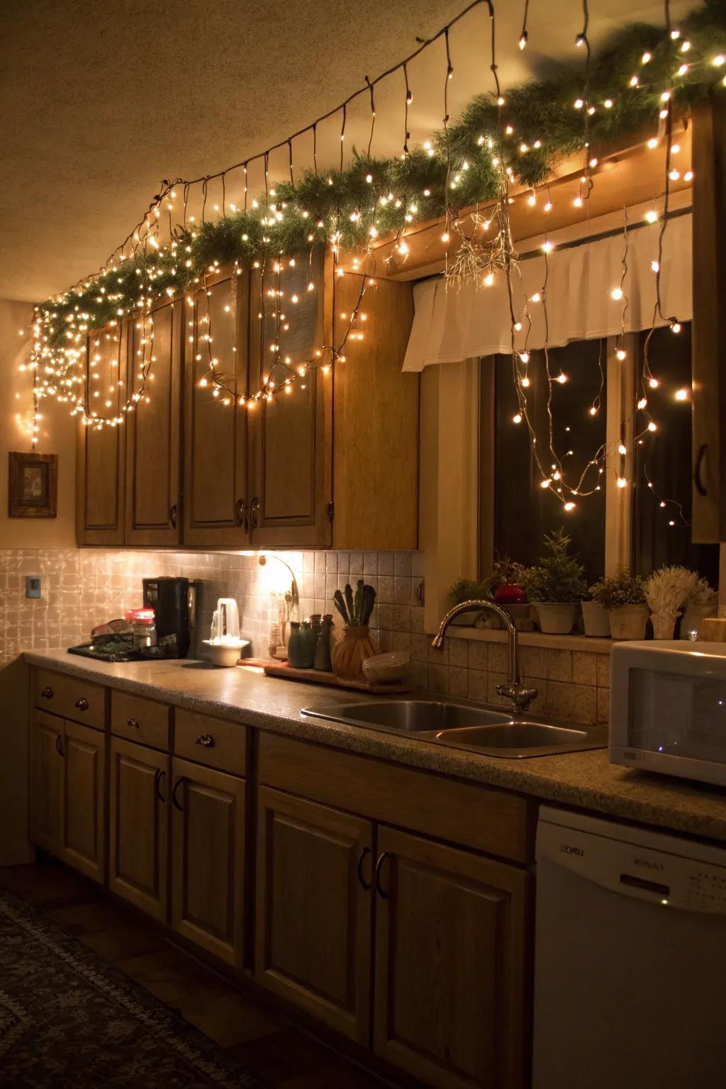 Illuminate your kitchen with whimsical lighting above the cabinets.