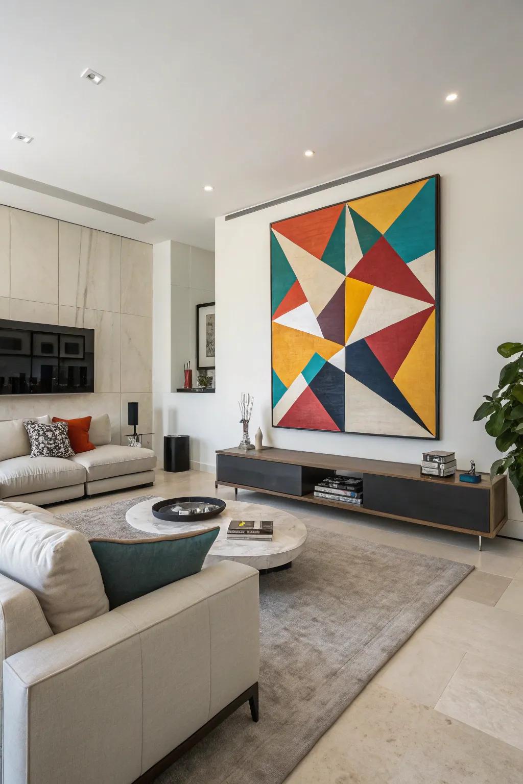 Geometric shapes add structure and modern flair.