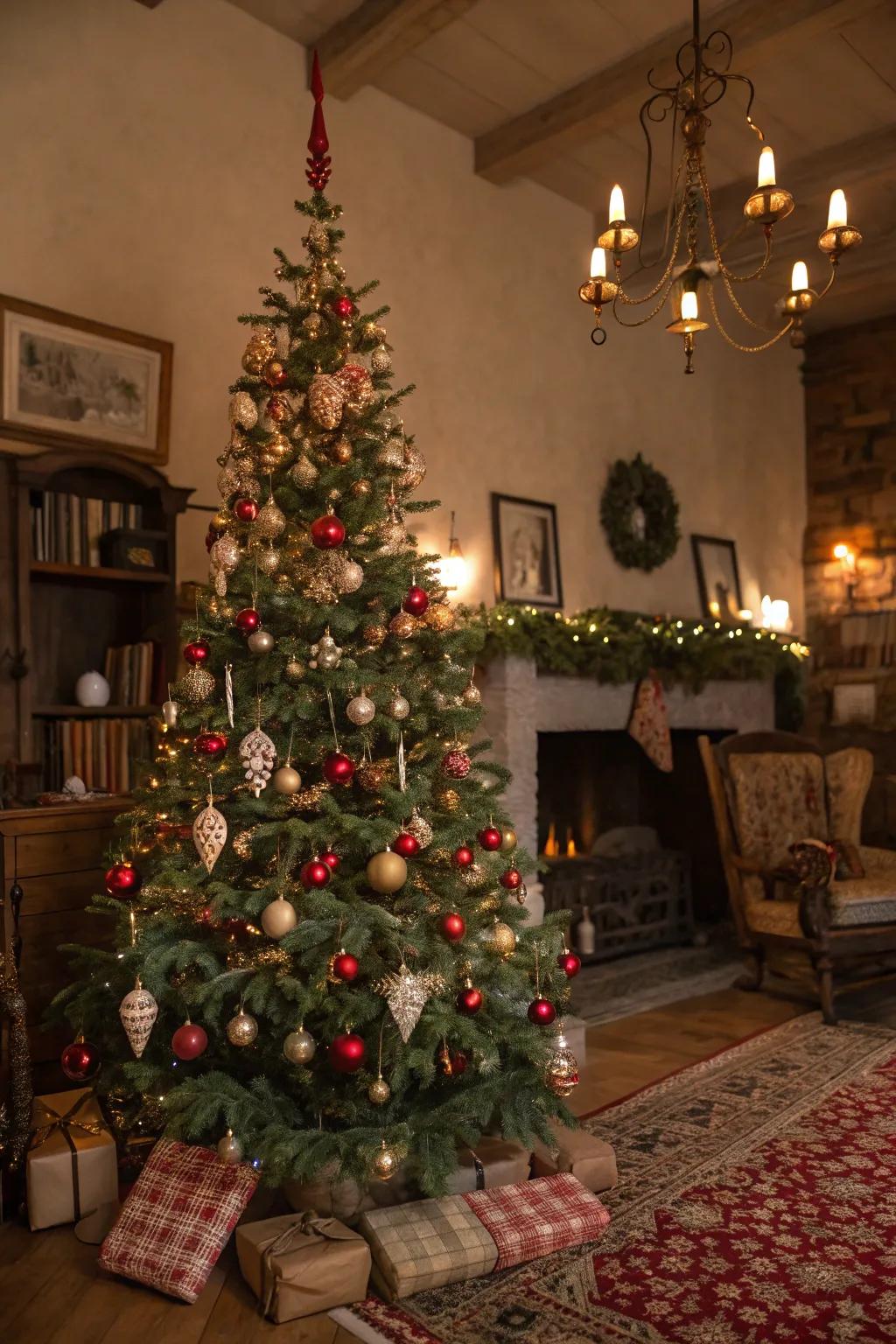 A nostalgic Christmas tree adorned with vintage ornaments from the past.