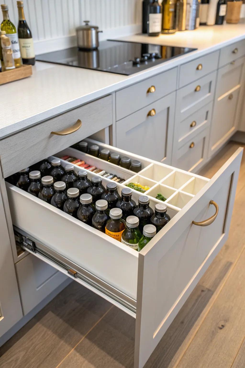 A kitchen drawer featuring a pull-out section with neatly arranged alcohol bottles.