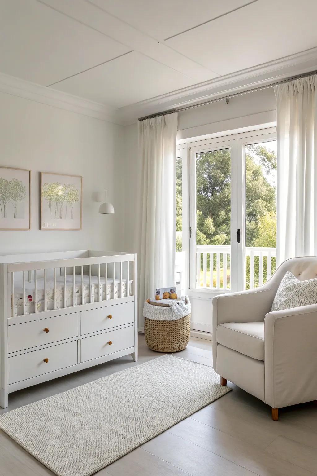 Minimalist furniture enhances the serene vibe of a white nursery.