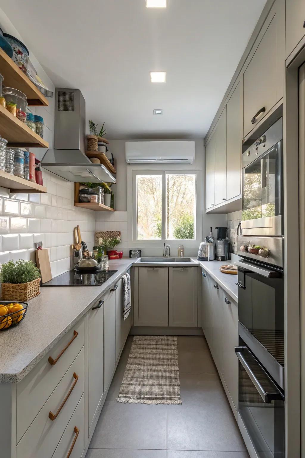 An efficient layout optimizes space in a compact kitchen.