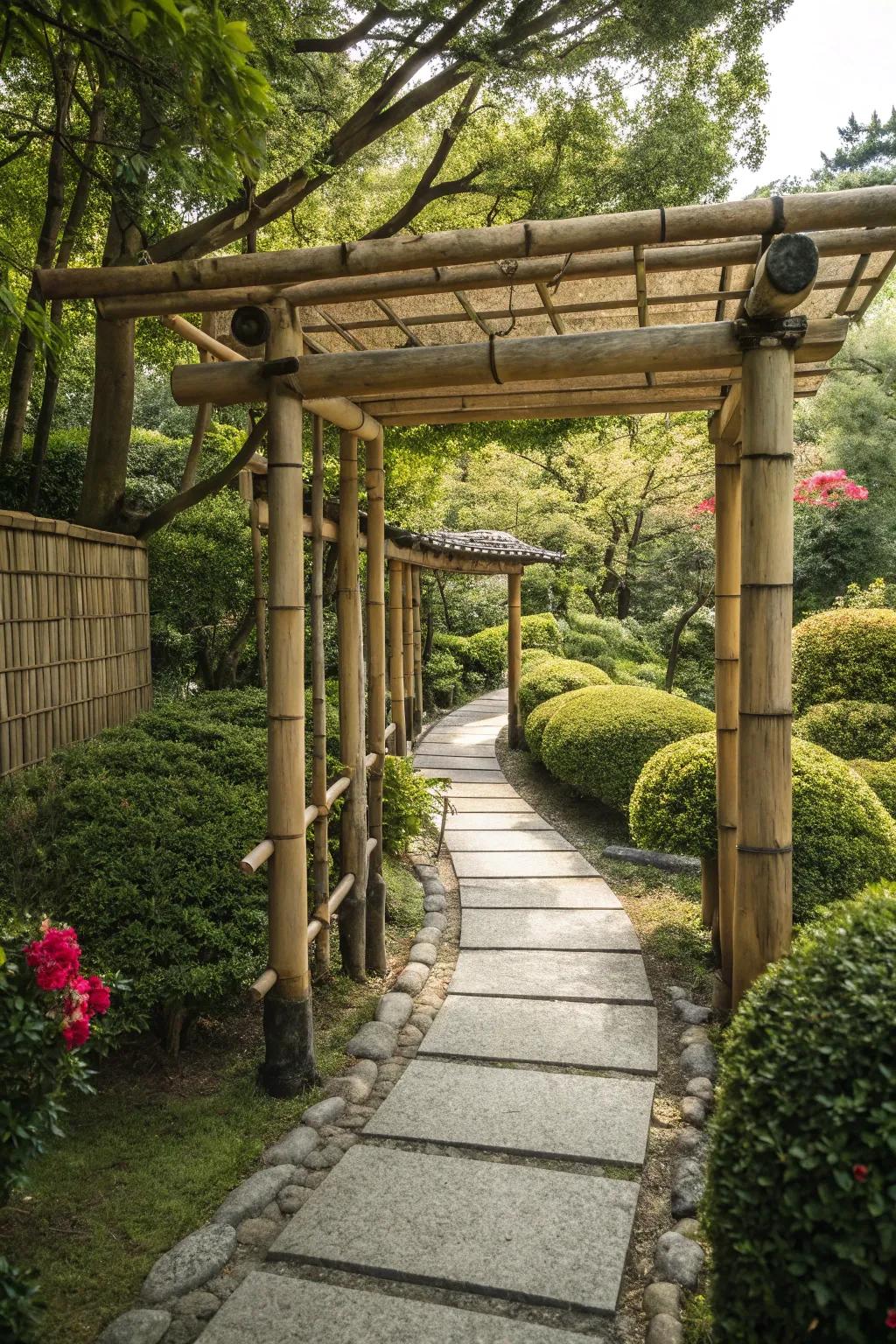 A serene Japanese-style arbor creating a peaceful garden retreat.