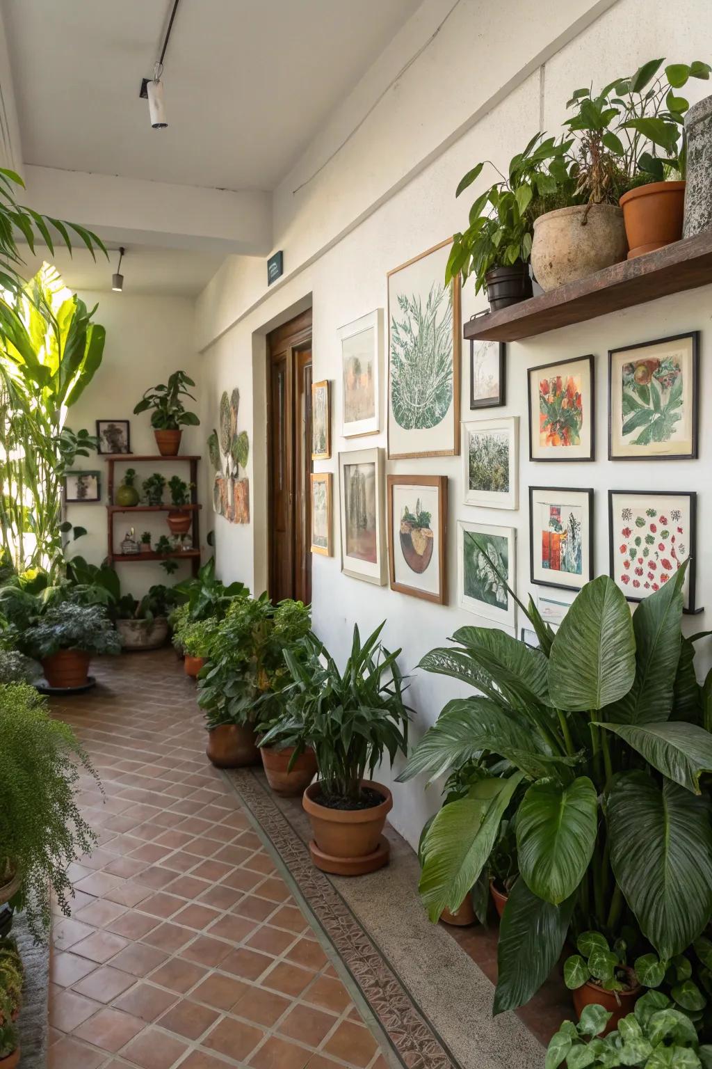 Plants and art together create a vibrant and natural atmosphere.