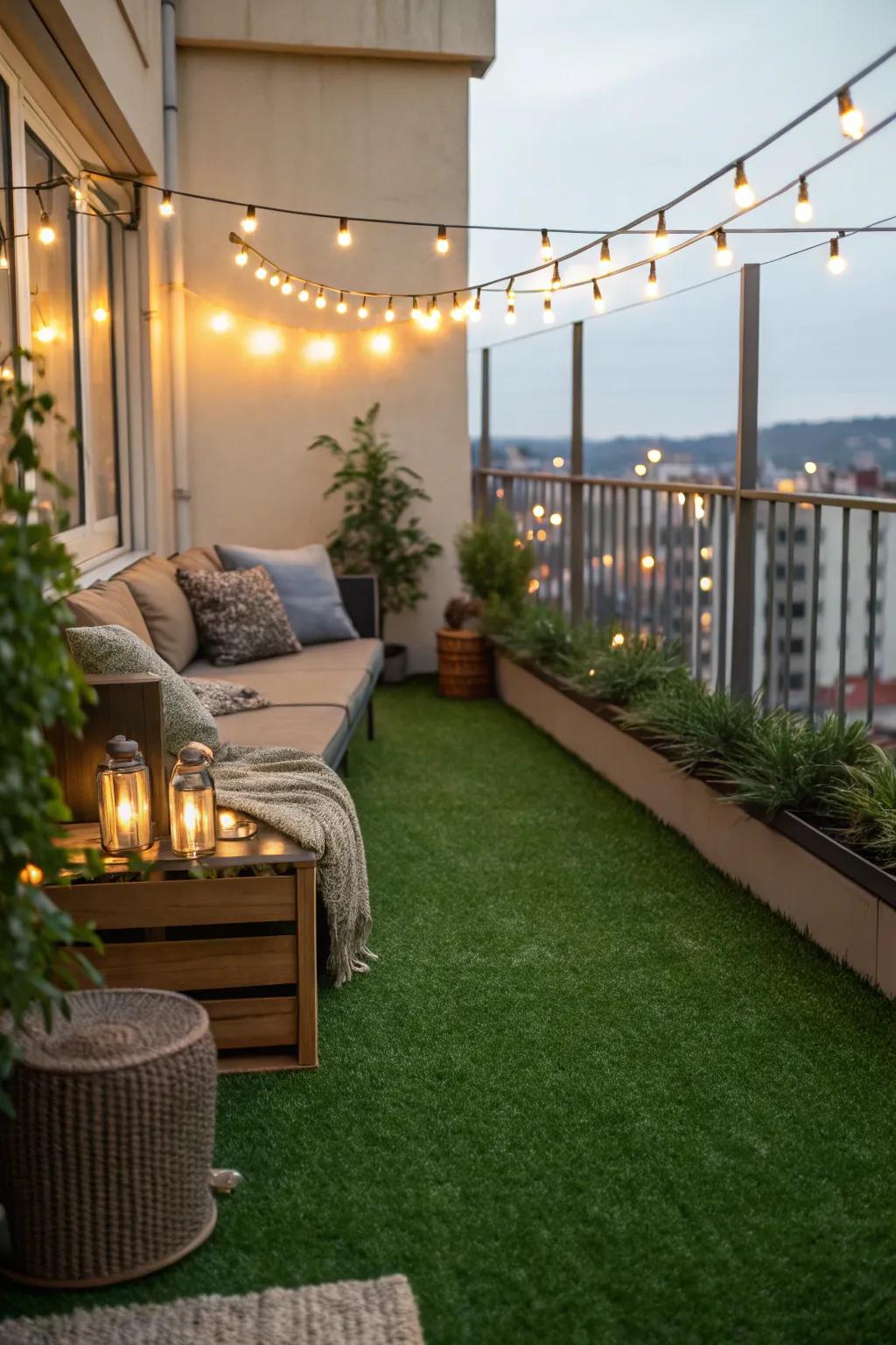 Turn your balcony into a cozy retreat with artificial grass and ambient lighting.