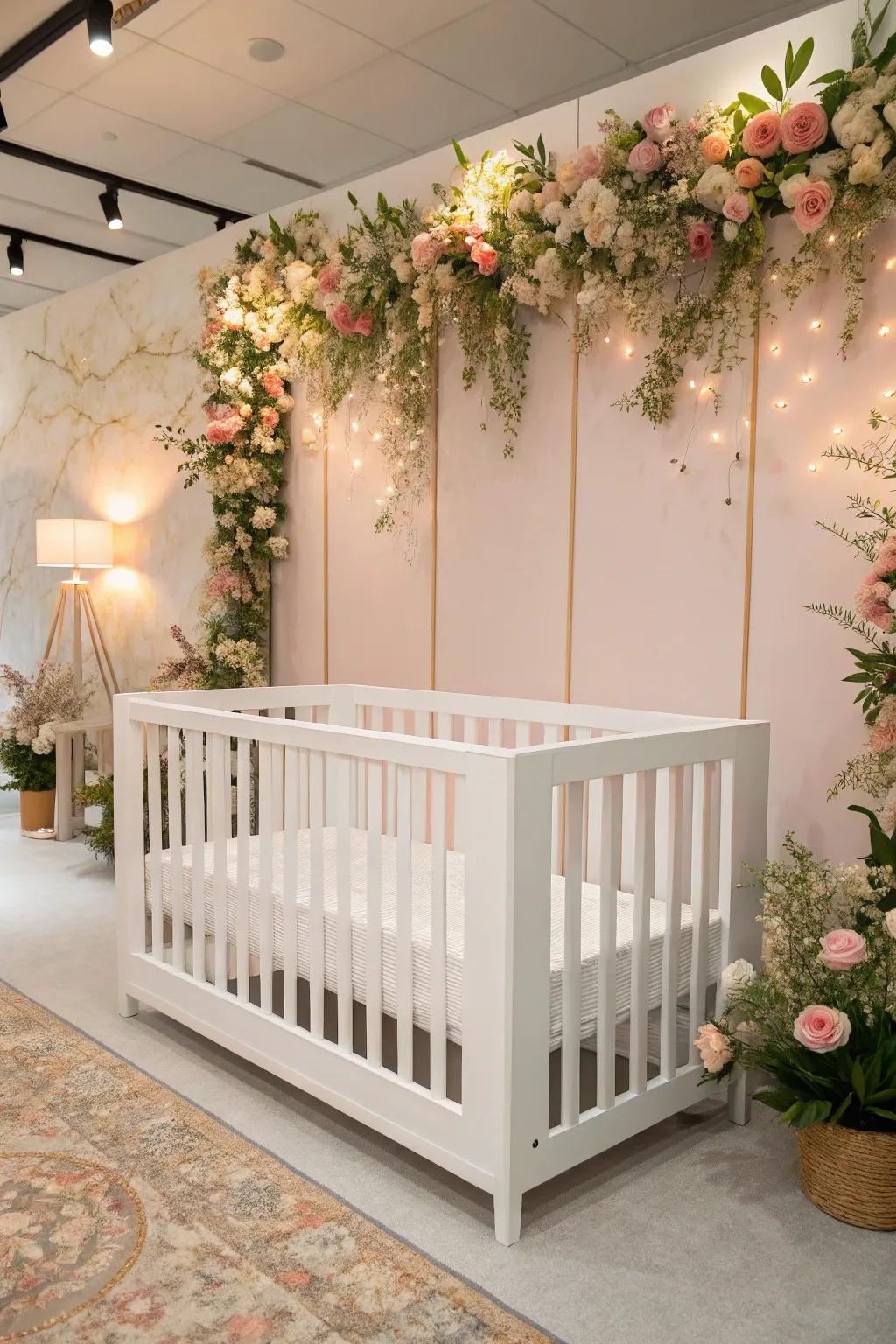 A modern crib adds a sleek touch to the floral nursery.