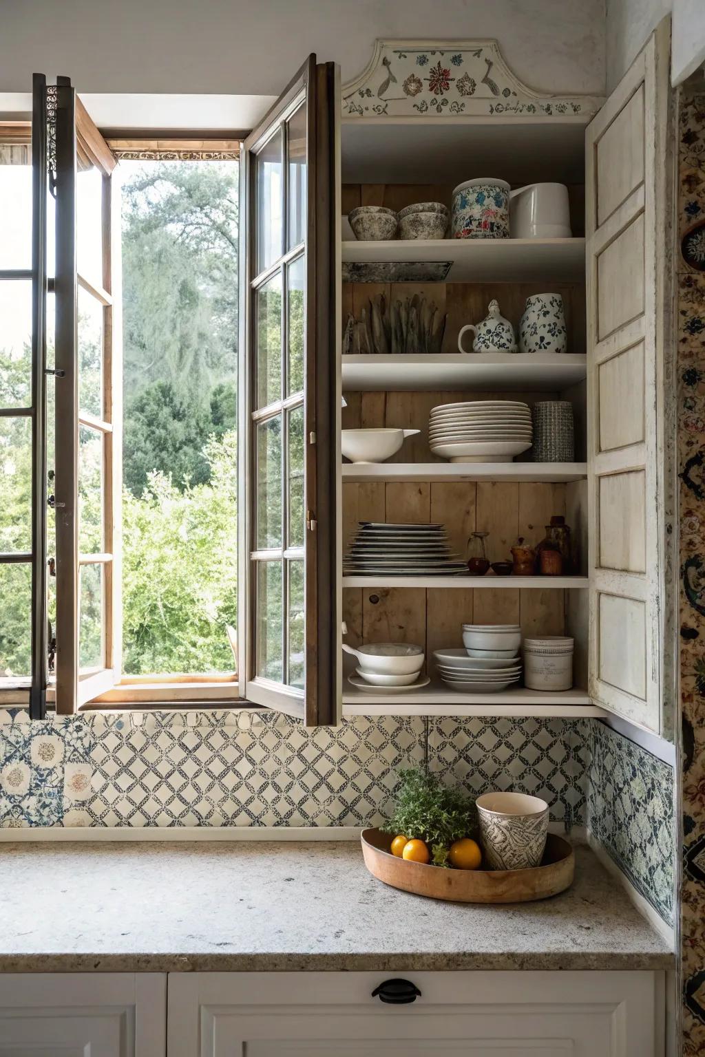 Open shelving paired with a visible tile backsplash around a kitchen window.