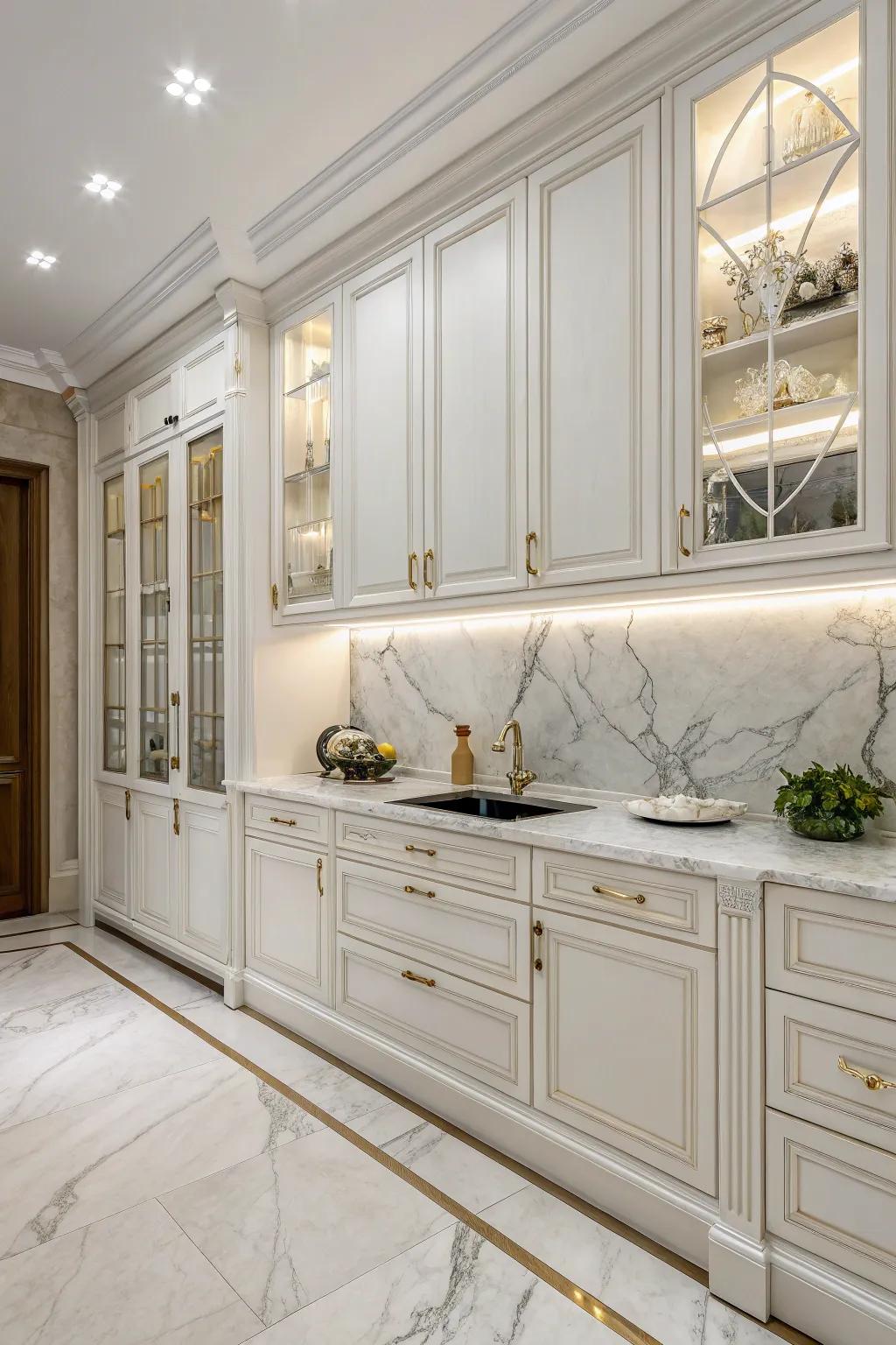 Marble backsplash adds timeless elegance to the kitchen