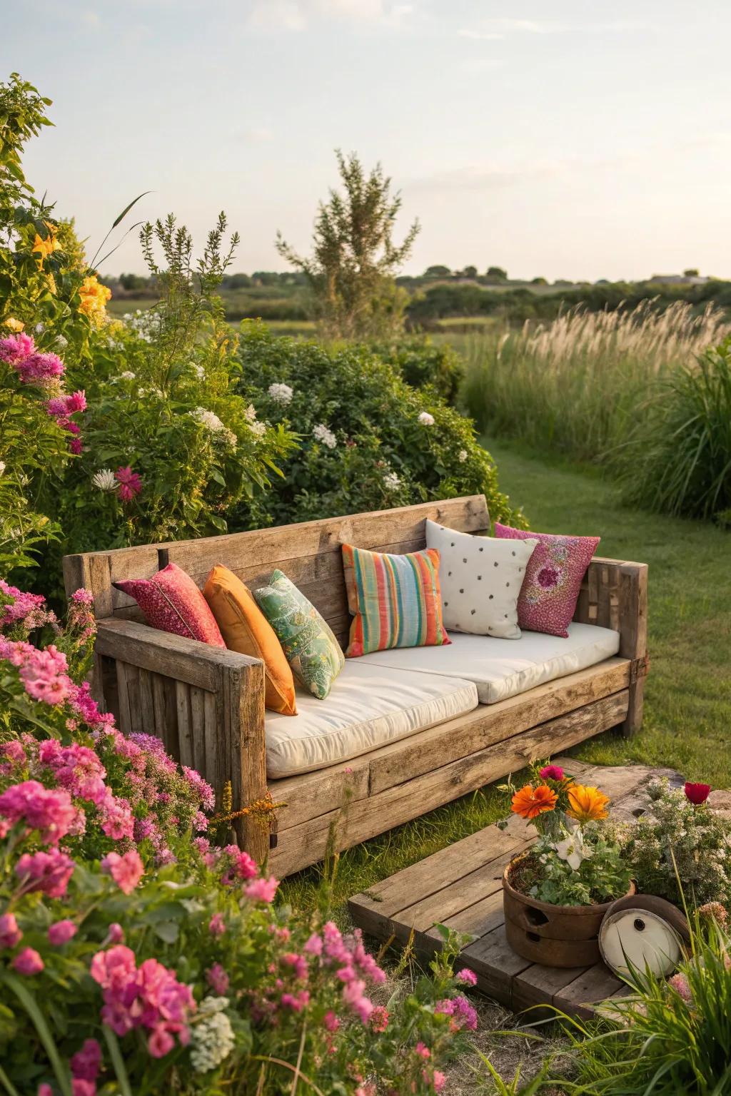 Wooden couches bring rustic charm to any backyard.