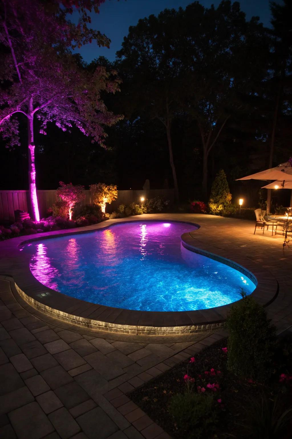 LED lights create a magical nighttime ambiance around the pool.