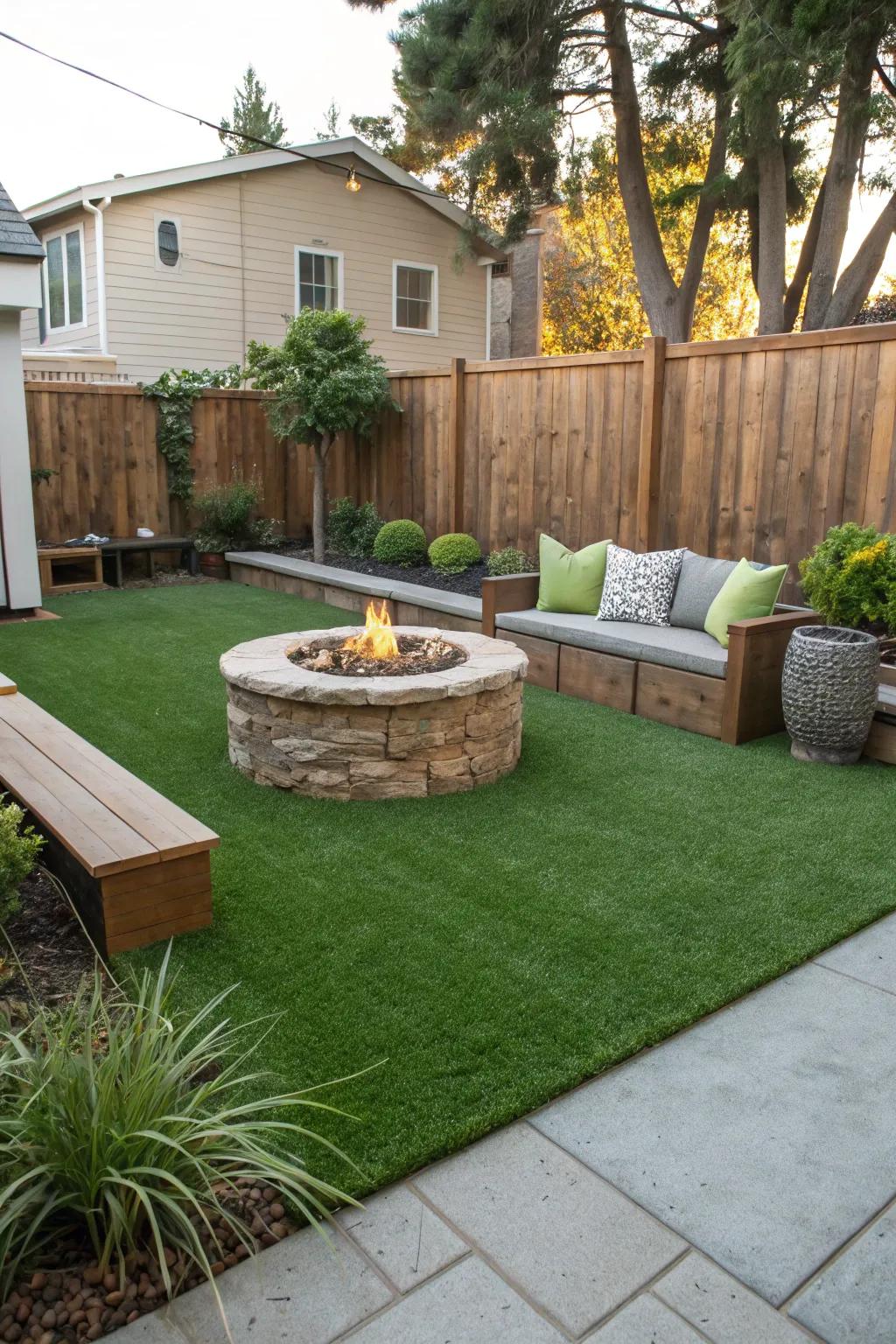 A cozy fire pit surrounded by lush turf.