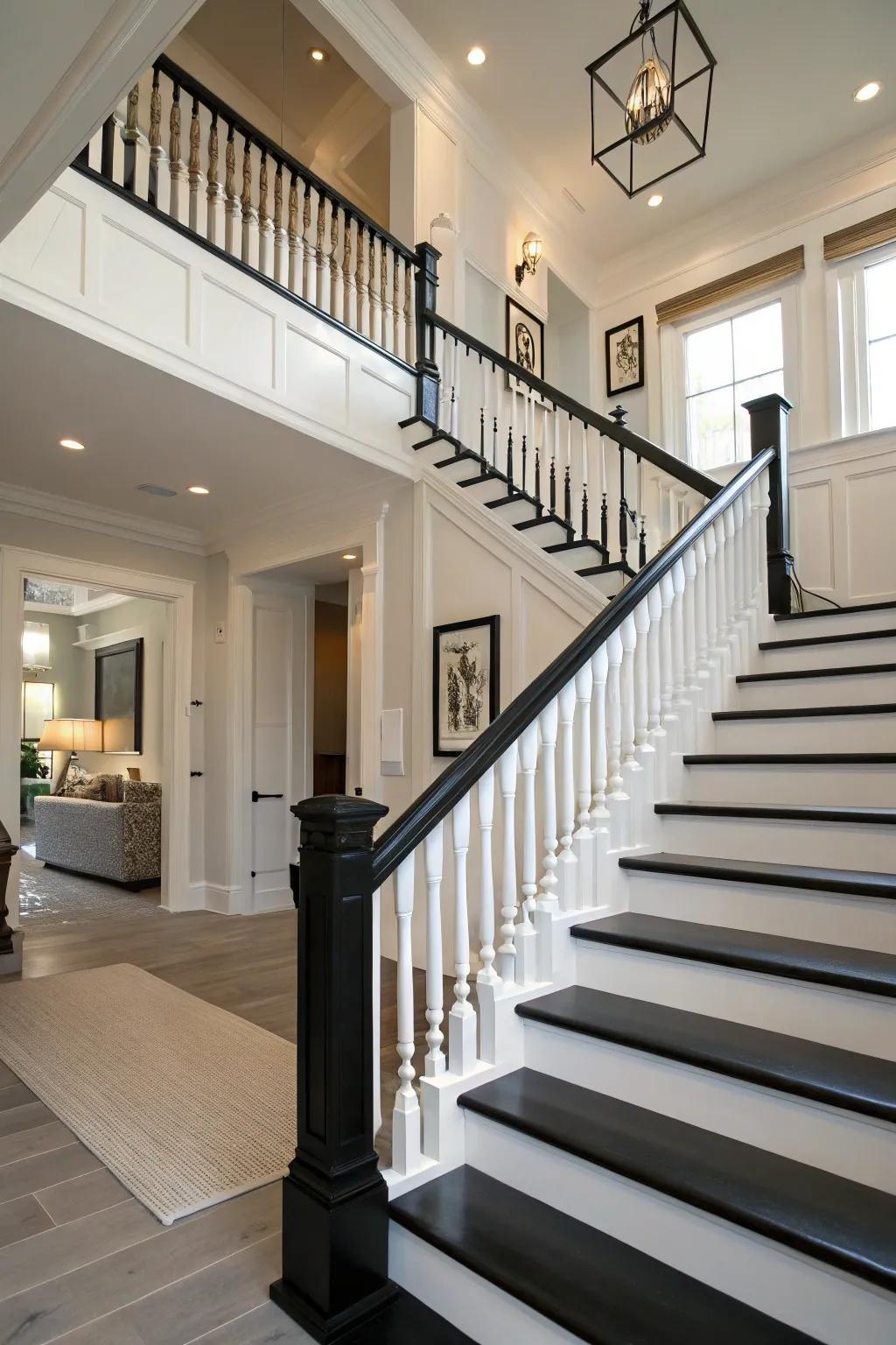 Bold and modern with black and white banister contrast.