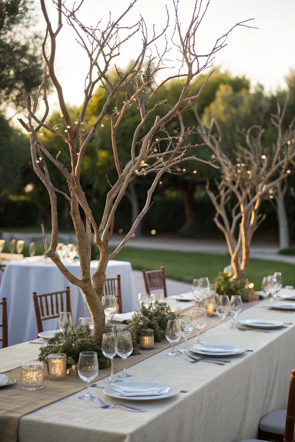 Tree branches adding a whimsical touch to the banquet table.