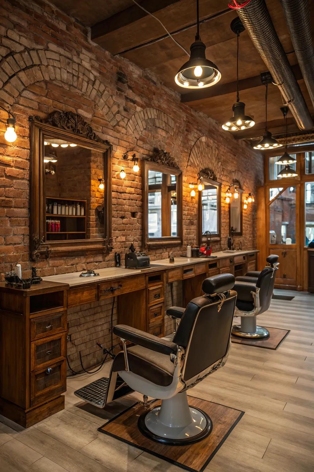 Rustic charm meets warm lighting in a welcoming barbershop.