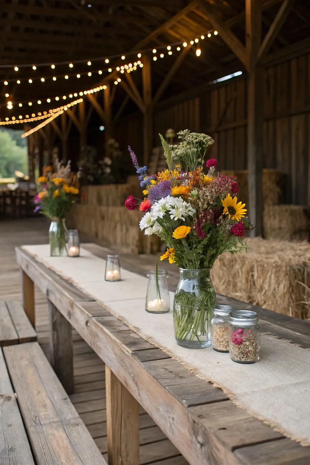 Floral arrangements add a burst of color to barn decor.