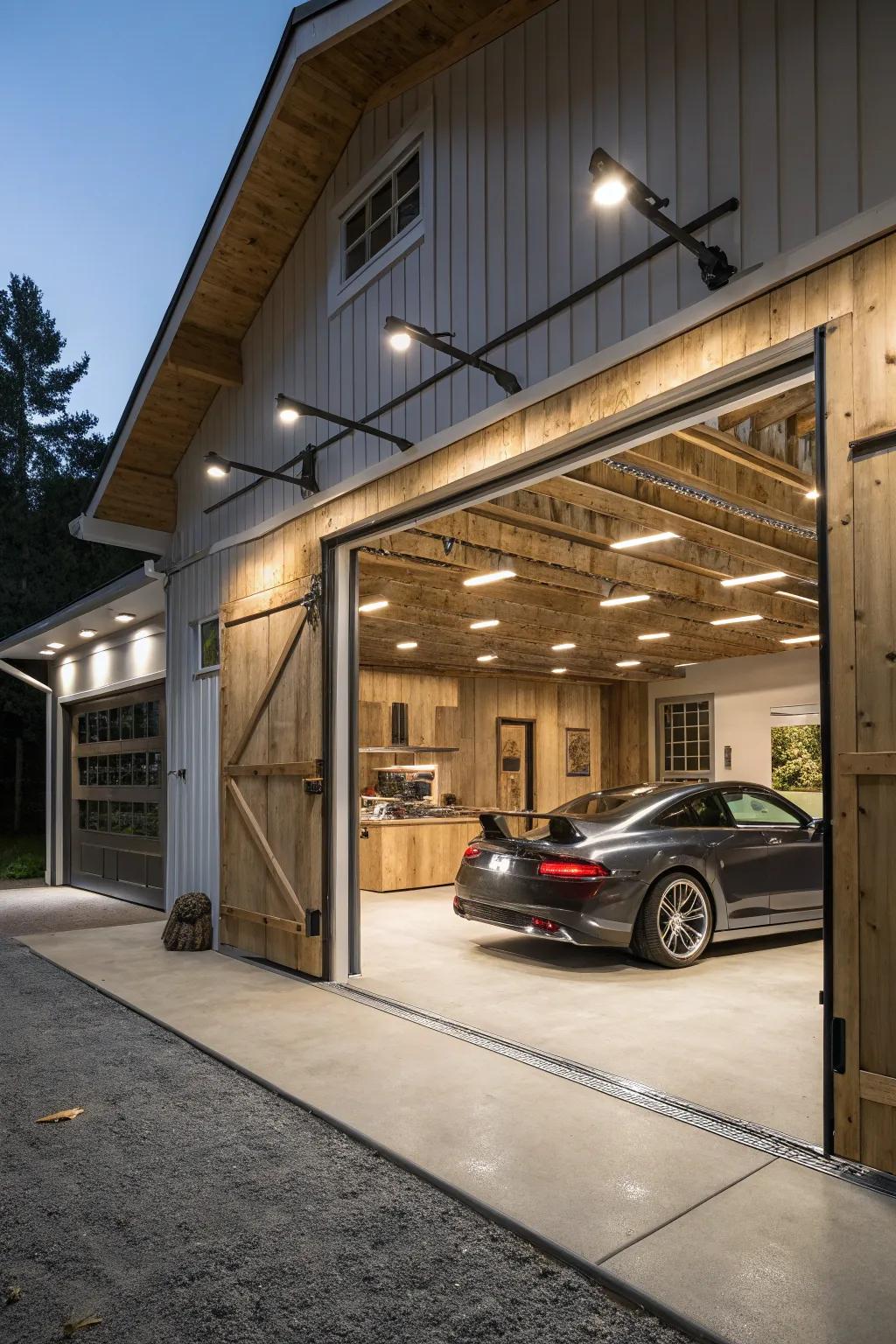 Modern lighting fixtures brighten this barn garage effortlessly.