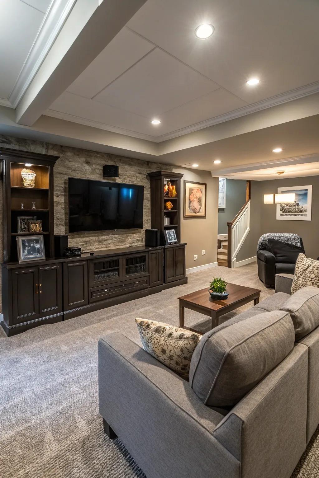 An entertainment hub serves as the focal point of this family-friendly basement.