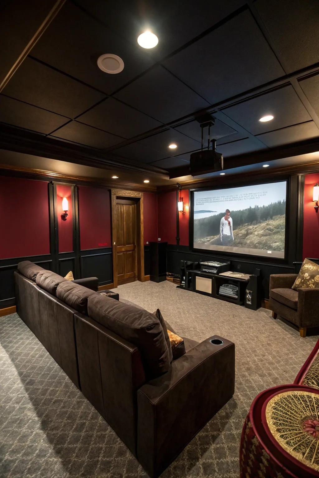 A dark color palette enhances the cinematic experience in a media room.