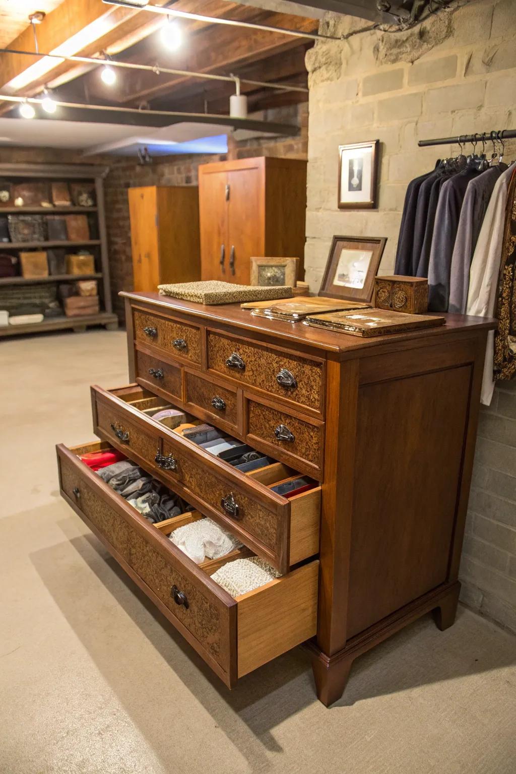 Repurposed furniture adds charm and storage to the basement.