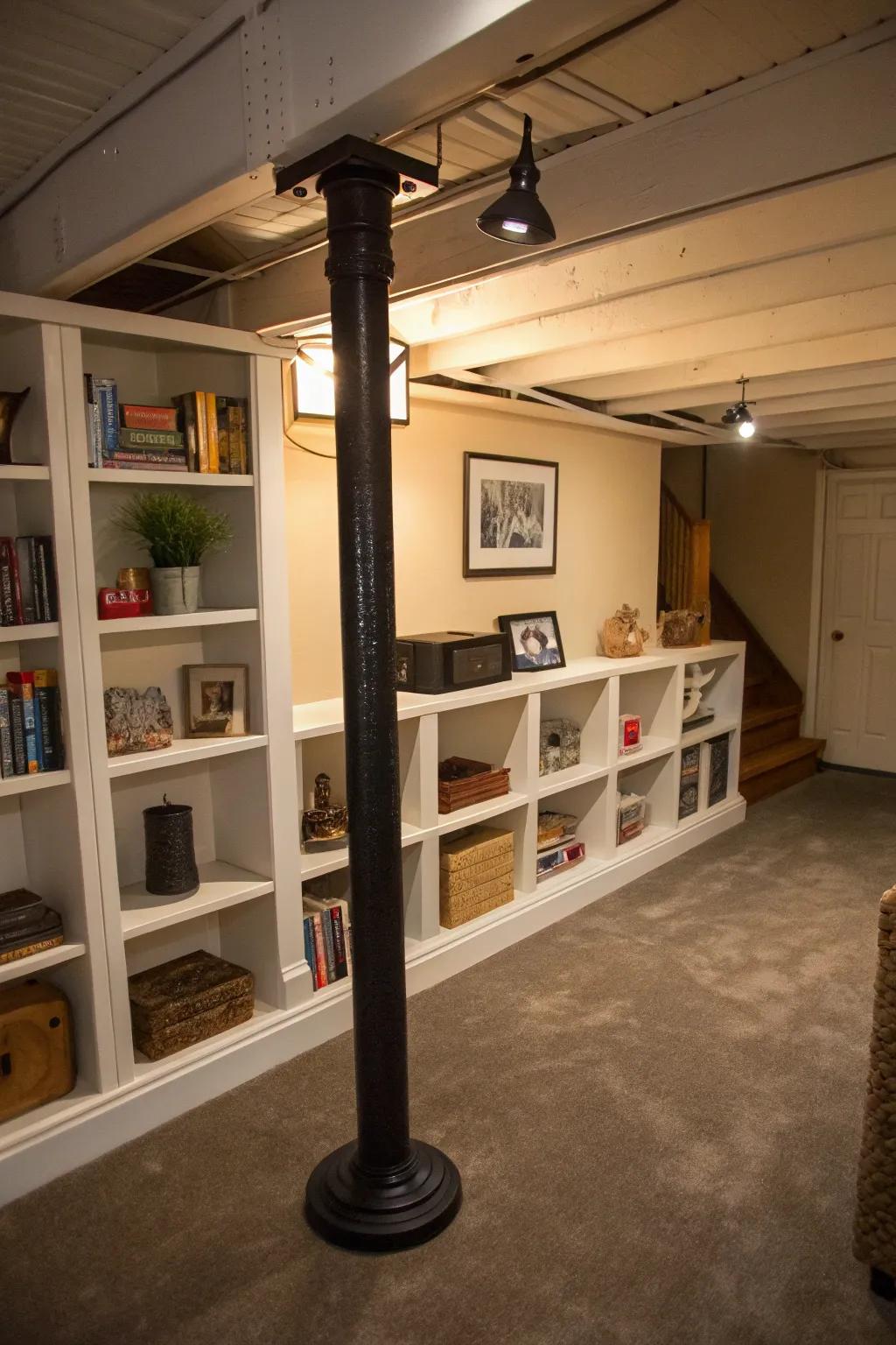 Functional shelving transforms basement poles into useful features.