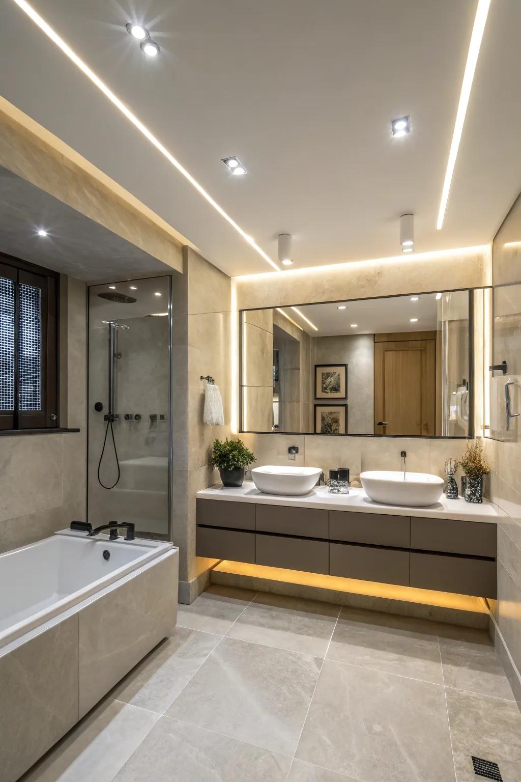 Recessed lighting provides a sleek look, enhancing the modern appeal of any bathroom.