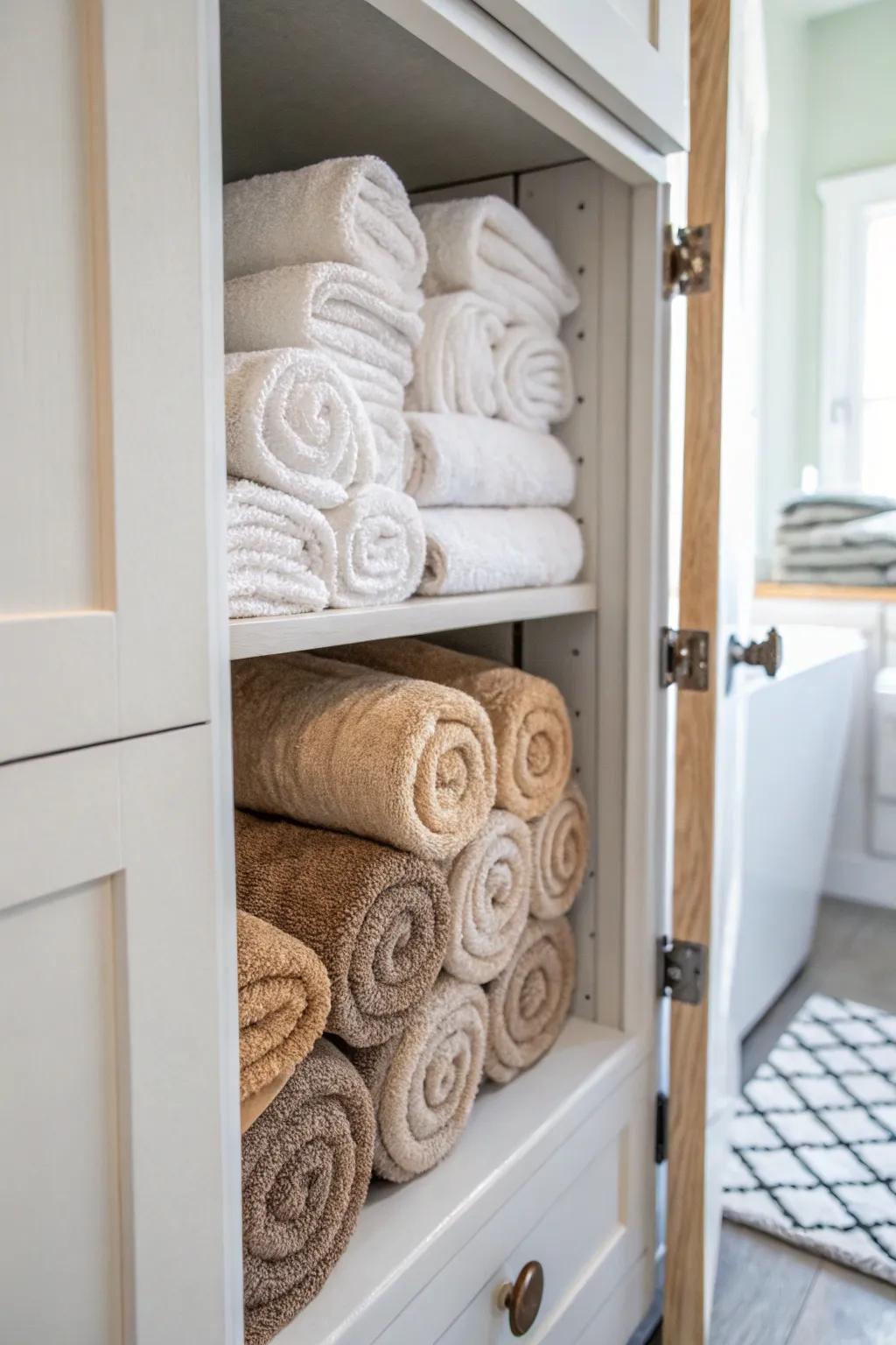 Rolled towels give your closet a spa-inspired look.