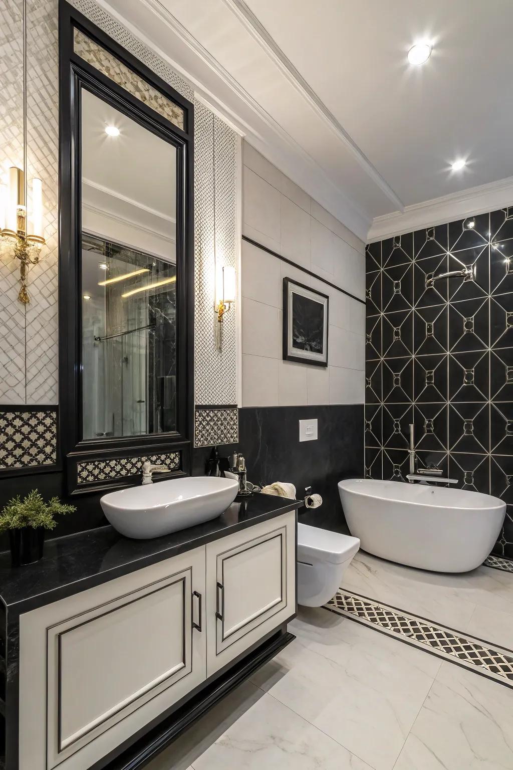 A sophisticated black and white bathroom with modern elegance.