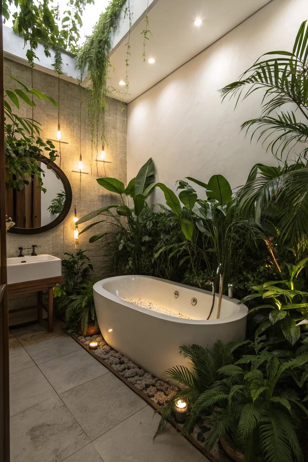 A spa-like ambiance with plants and soft lighting around the bathtub.