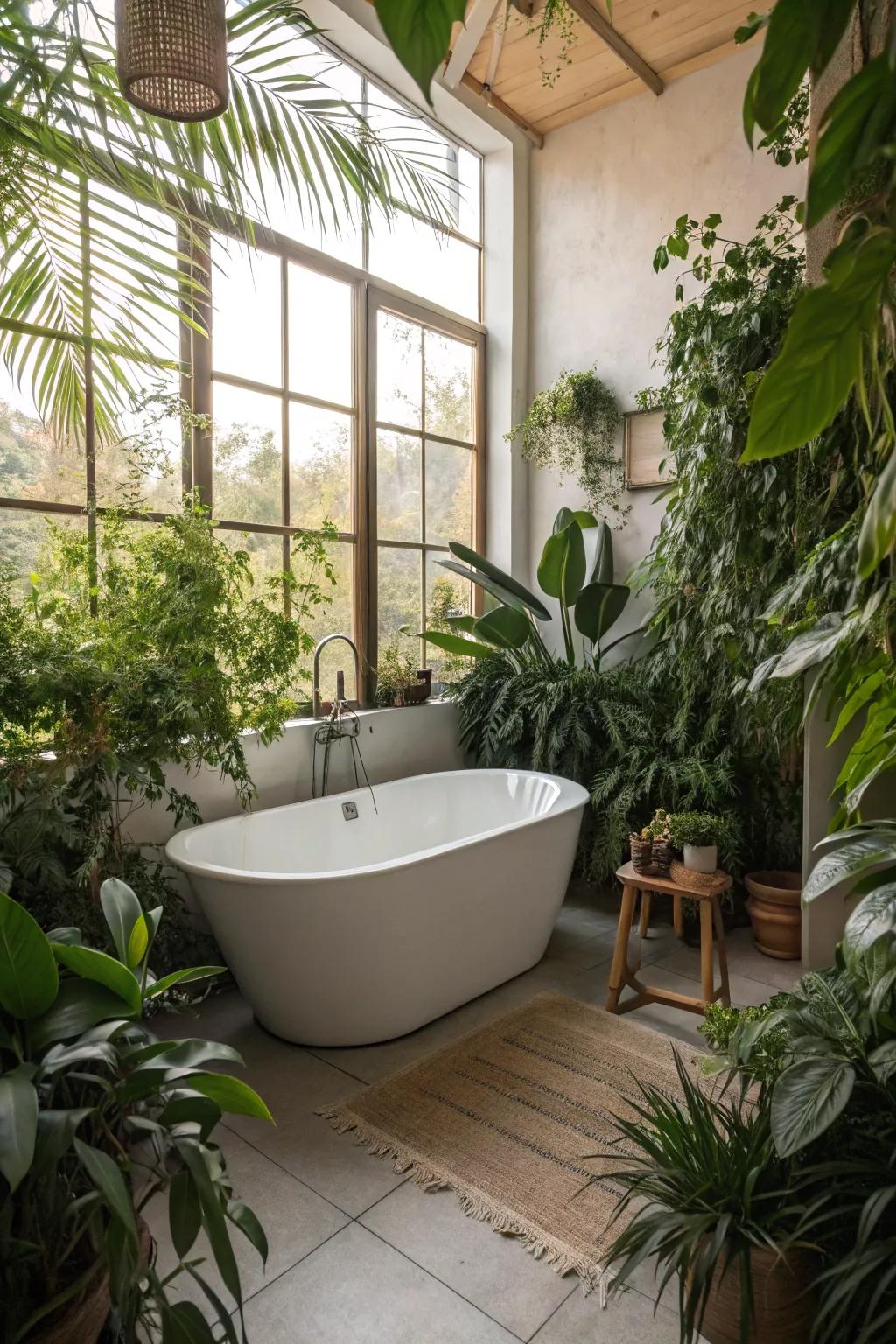 Greenery near the bathtub adds a refreshing touch.