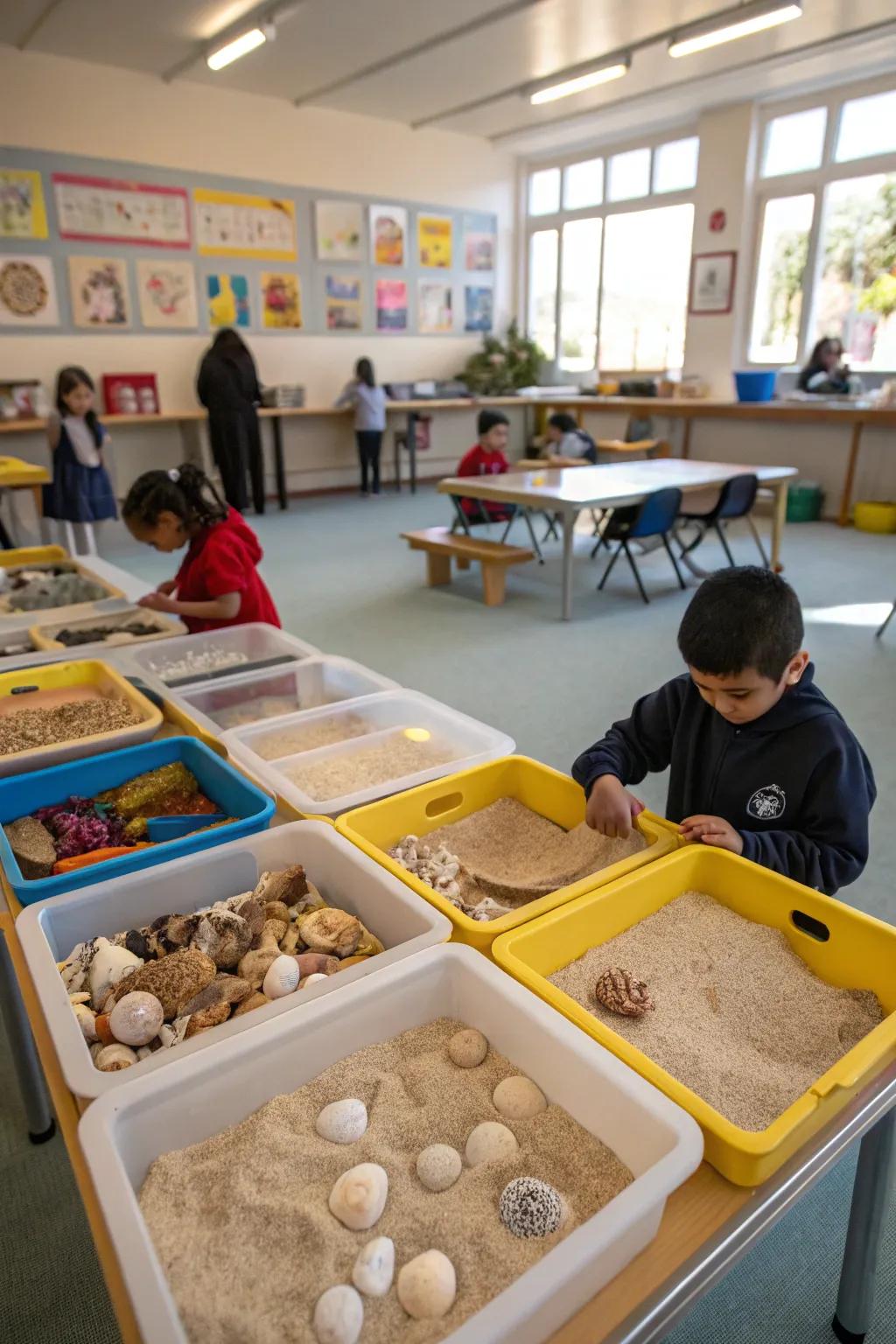 Seashell sensory bins in the classroom encourage hands-on learning and exploration.