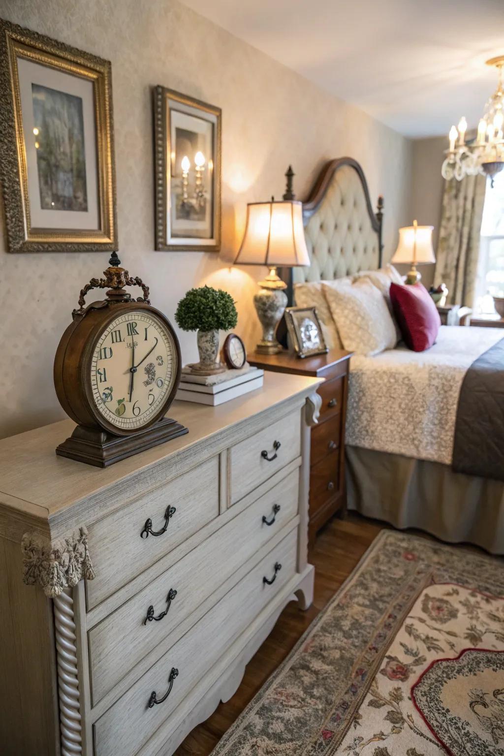 A vintage clock infuses your bedroom with timeless charm.