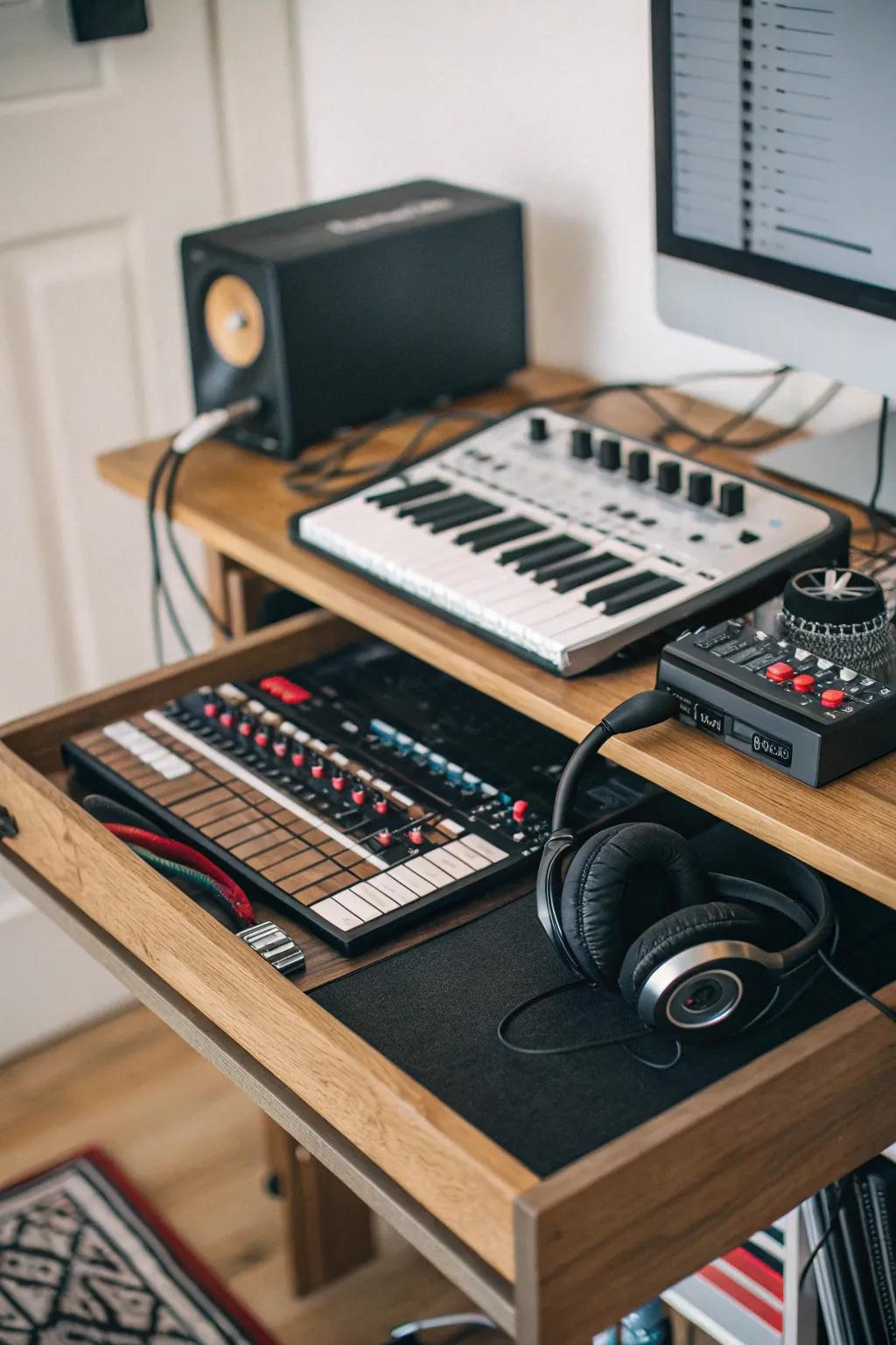 A compact desk with storage solutions keeps your studio tidy and efficient.