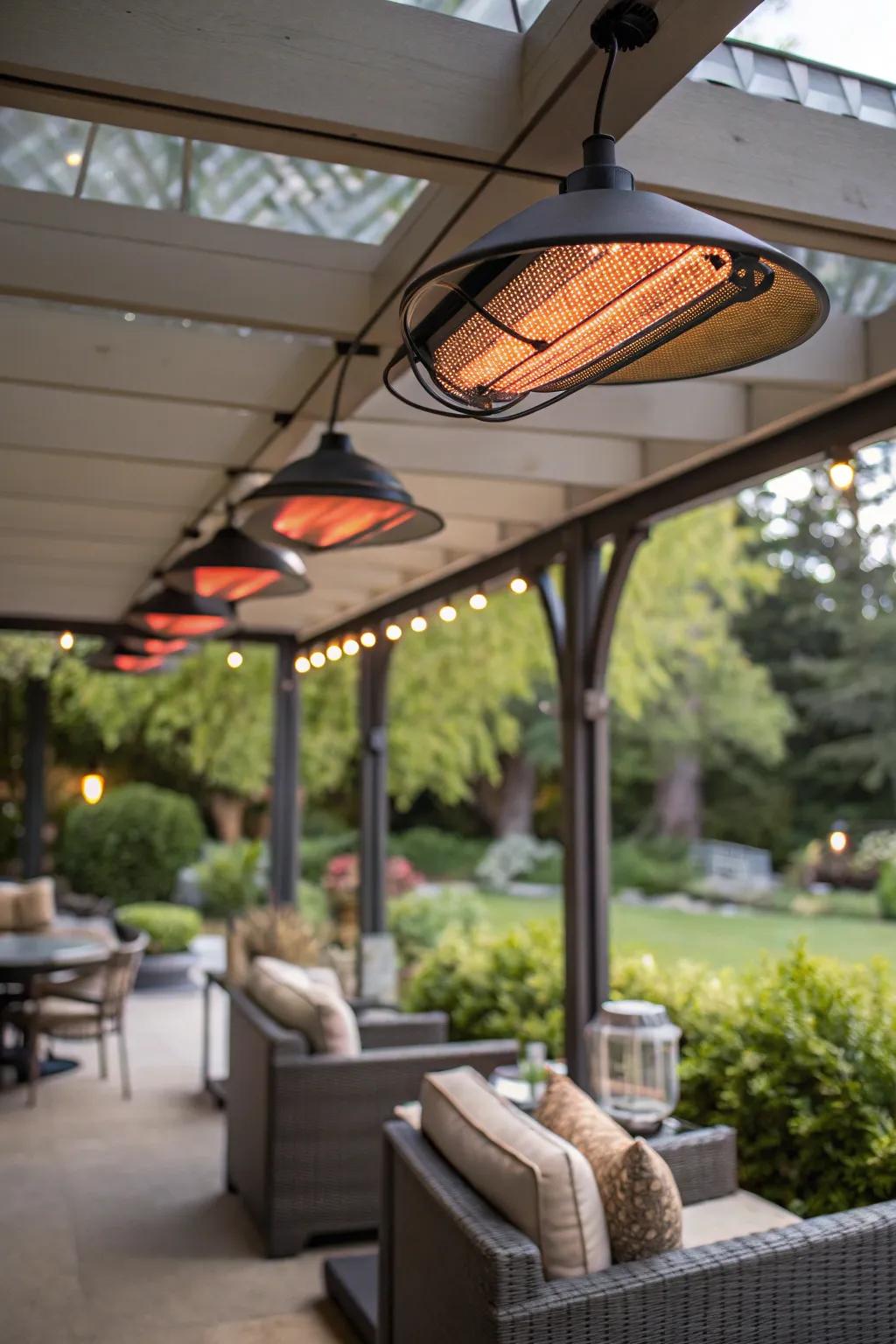 Overhead heaters provide warmth from above, perfect for covered patios.