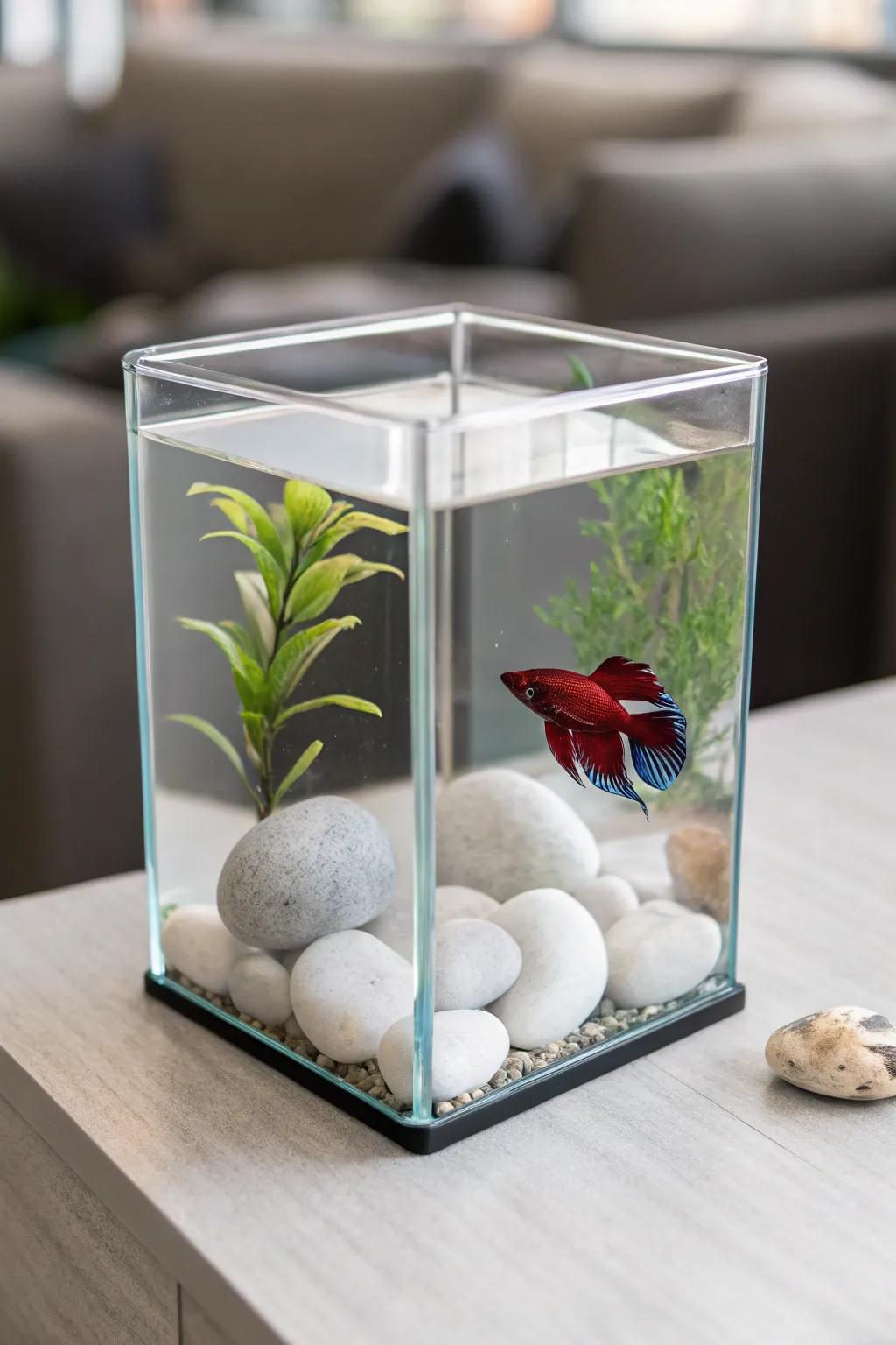 A modern minimalist betta tank with a sleek cube design.